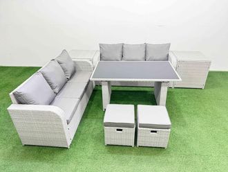 Fimous 8 Seater Rattan Outdoor Dining Table Set with 2 Side Tables 2 Stools in Light Grey