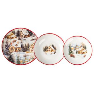 Trade Shop TrAdE Shop Traesio - Servizio Piatti Tavola Natalizio In Porcellana 18pz Decoro Paesaggio Invernale Bordo Rosso