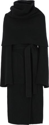 Rick Owens Long Black Cashmere Coat With Distinctive Cape And Matching Belt