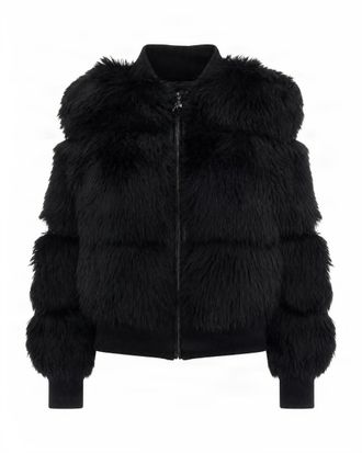 Patrizia Pepe Short Black Faux Fur Stand-Up Collar Jacket