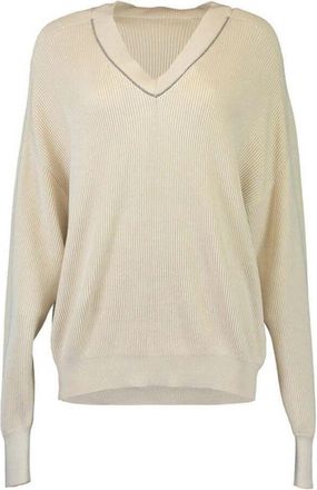 Brunello Cucinelli Beige Ribbed V Neck Sweater, Size X-Large