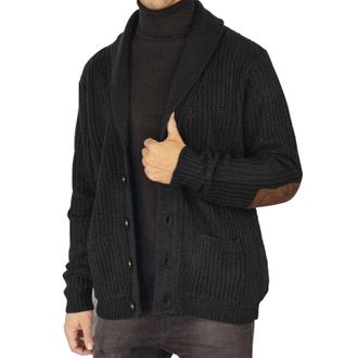 Generic Mens Sweaters Knitted Elbow Patch Shawl Collar Cardigan Sweater Long Sleeve Button Down Knitwear with Pockets Clothes Black XL
