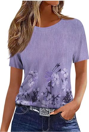 Generic Womens Tops Round Neck Short Sleeve T Shirts Cotton Tunic Blouses for Women UK Ladies Summer Shirt Trendy T-Shirts Dressy Casual Tunic Tops Longline O