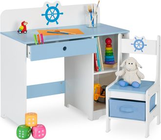 Relaxdays Relaxdays - Escritorio Infantil Con Silla, Caj&oacute;n Y 2 Compartimentos, Dise&ntilde;o Marinero, Muebles Para Ni&ntilde;os, Azul Y Blanco