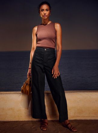 Contemporaine Womens Patch pockets pure linen pant Fit: Wide leg, high rise