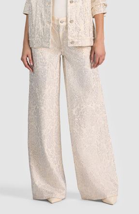 Alice & Olivia Amazing Stud Embellished Baggy Wide Leg Jeans in Off White/Multi at Nordstrom, Size 27