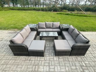 Fimous Rattan Garden Furniture Set 11 Seater Indoor Outdoor Patio Sofa Set with Coffee Table 2 Big Footstool 2 Side Tables Dark Grey Mixed