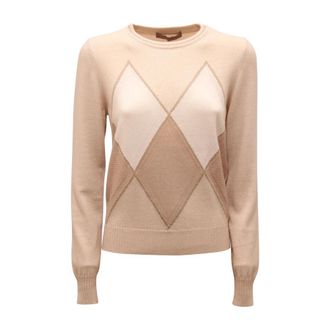 D.exterior Cashmere Rombi Lurex Girocollo - Dames - Ronde hals truien - Beige - S - Wol - Truien & Vesten