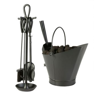 Dibor Contemporary Black Fireside 4pc Freestanding Companion Set 75cm with Coal Bucket & Scoop