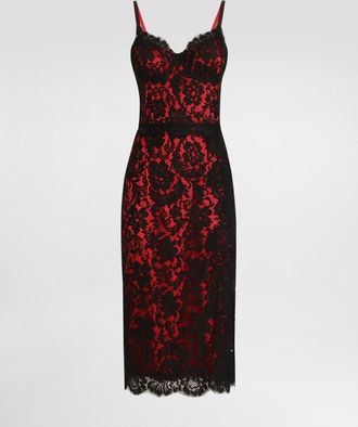 Dolce & Gabbana Calf-length Floral Lace Slip Dress With Contrasting Lining - Woman Dresses Black 36