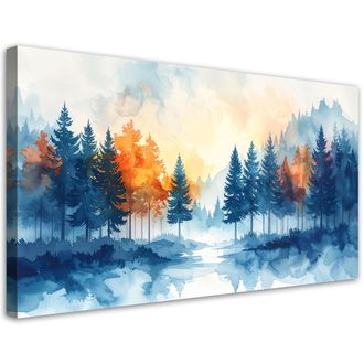 Feeby Cuadro Sobre Lienzo, Bosque Brumoso Paisaje En Acuarela Naturaleza, 120x60
