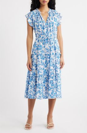 Rails Juni Floral Tie Waist Linen Blend Midi Dress in Azure Jasmine at Nordstrom, Size Xx-Small
