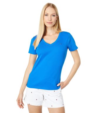Tommy Hilfiger Womens Tommy Hifliger Womens V-neck Flag Tee T Shirt, Azure Blue, M UK
