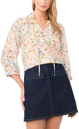 Vince Camuto Floral Ruffle Peasant Top in Antique White at Nordstrom, Size Xx-Small