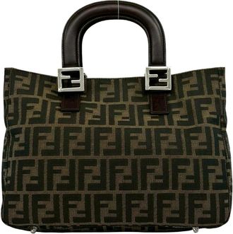 Fendi Black Brown Canvas Leather Handbag Tote Bag (Pre-Owned)