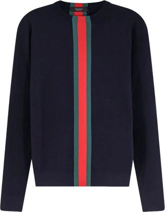 Gucci Web Detail Katoenen T-shirt - Heren - Ronde hals truien - Blauw - S - Katoen - Truien & Vesten