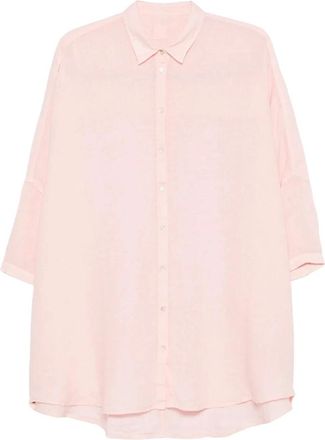 120% Lino Linnen Blouse met Korte Mouwen en Regular Fit - Dames - Overhemden - Roze - S - Linnen - Overhemden