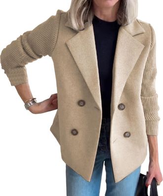 Generic Womens Lapel Button Knitted Patchwork Sleeve Casual Coat Cropped Sweater Blazer Women Patchwork Jacket Office Work Coats Khaki