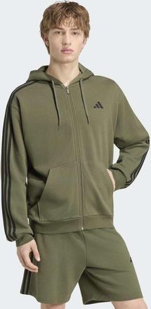 adidas adidas Performance - Essentials - Felpa verde oliva e nera in spugna con cappuccio, zip e 3 strisce