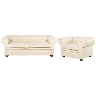 Beliani Set Soggiorno Chesterfield in Pelle Color Crema Divano a 3 posti + Poltrona Chesterfield