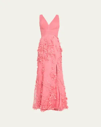 Aidan Mattox Embroidered Floral Applique Gown