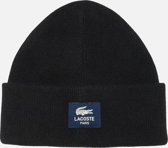 Lacoste Mens Lacoste Ribbed Cotton Badge Beanie Black - Size: ONE size