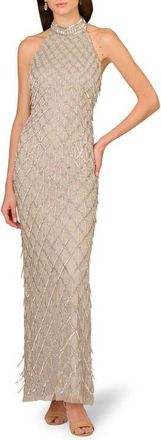 Adrianna Papell Beaded Halter Column Gown in Silver at Nordstrom, Size 18
