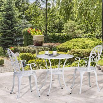OUTSUNNY 3PCs Garden Aluminium Table Set, Bistro Set Round Table 2 Chairs in White
