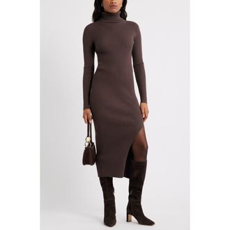 Open Edit Rib Long Sleeve Turtleneck Sweater Dress in Brown Seal at Nordstrom Rack, Size X-Large