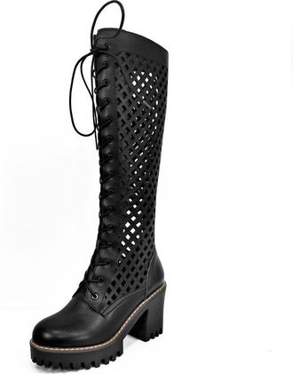 TinaCus Handmade Womens Genuine Leather Round ToeLace Up Side Zip Platform Mesh Knee High Boots, Black, 6 UK