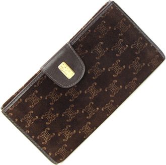 Celine Dark Brown Suede Leather Long Wallet (Bi-Fold) (Pre-Owned)