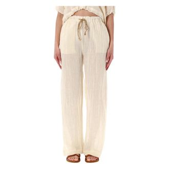 120% Lino 120% Lino, Wide Trousers, female, Beige, Size: XS Drawstring Wide-leg Trousers