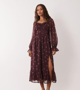 Miss Selfridge Vestito lungo a corsetto color vinaccia a pois-Multicolore