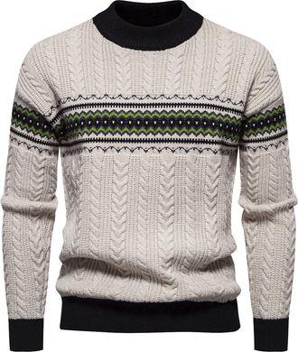 Generic Mens Beige Fair Isle Knit Sweater, Classic Winter Knitted Pullover, Warm Patterned Mens Sweater, Comfortable Beige Pullover, Perfect for Holiday Gathe