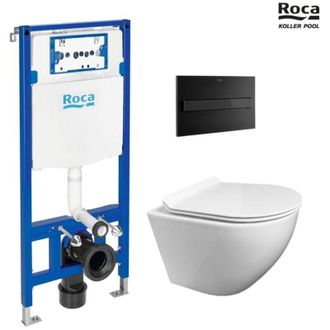 Roca Bastidor Roca Duplo Pack Cisterna Empotrada Y Pulsador Pl7 Dual Negro Con Wc Suspendido Kp Round Smart Blanco Tapa Fina