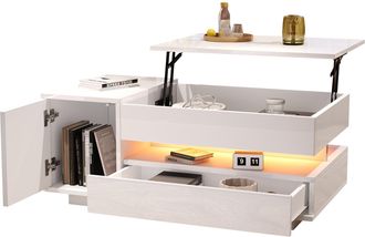 STILVORA Mesa De Centro Elevable Con 1 Caj&oacute;n Y 1 Armario Y Led, Acabado Blanco Brillante, Estilo Moderno, En Tablero De Part&iacute;culas, 95&times;50&times;34,5 Cm