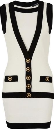 Balmain Tweekleurige gebreide jurk met nep vestontwerp - Dames - Kleedjes - Beige - S - Polyester - Kleedjes