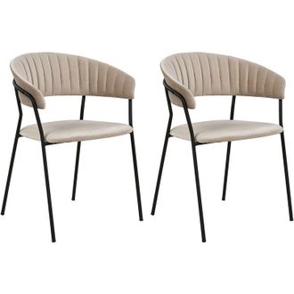 Beliani Beliani - Set of 2 Modern Dining Chairs Fabric Velvet Upholstered Seat with Armrests Curved Back Black Legs Off-White Mariposa