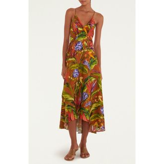 Farm Rio Floral Linen Wrap Dress in Brown at Nordstrom, Size Xx-Small