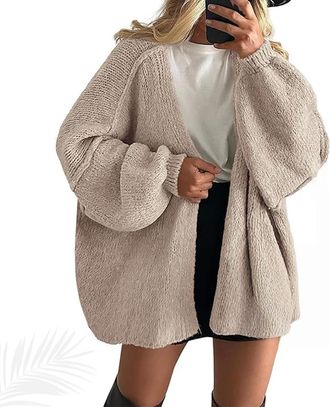 Generic Womens Oversized Cardigan Sweaters, Open Front Knit Casual Long Lantern Sleeve Fall Sweater Coats Lightweight Sweater (Khaki,M)