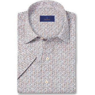 David Donahue Abstract Print Lyocell Short Sleeve Shirt in White/Coral at Nordstrom Rack, Size Xx-Large