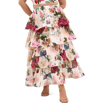 City Chic Bianka Floral Print Ruffle Skirt in Botanical Bloom at Nordstrom, Size Xxxs