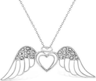 House of Brilliance Silver Pave-Set Diamond Accent Angel Wing Double Heart Pendant Necklace in White at Nordstrom