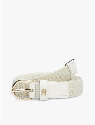 Tommy Hilfiger Womens Rounded-Buckle Woven Elastic Belt - White - 40