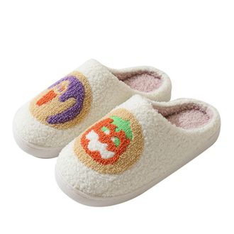 Generic Plush House Slippers, Cute Pumpkin Design Memory Foam Indoor Slippers, White Non-Slip Rubber Sole, Warm Winter Footwear for Women and Men