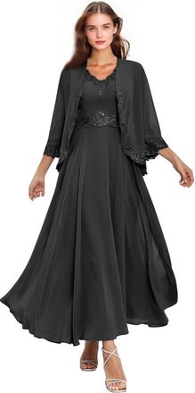 Generic Black 2 Pieces Chiffon Mother of The Bride Dresses with Jacket 3/4 Sleeve Lace Formal Evening Gown Tea Length Wedding Guest Dress 24 Plus