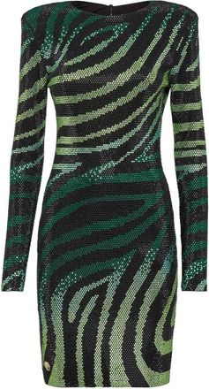 Philipp Plein Kleedjes, Dames, Groen, S, Polyester, Mini Dress LS with Crystals