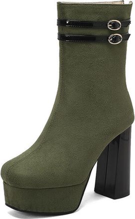 Generic Womens Block High Heel Platform Boots Faux Suede Short Boots with Zipper Round Toe Ankle Boot with Buckle,Green,10.5 UK