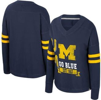 Colosseum Womens Colosseum Navy Michigan Wolverines Oversized Violet Distressed V-Neck Long Sleeve T-Shirt at Nordstrom, Size Xx-Large