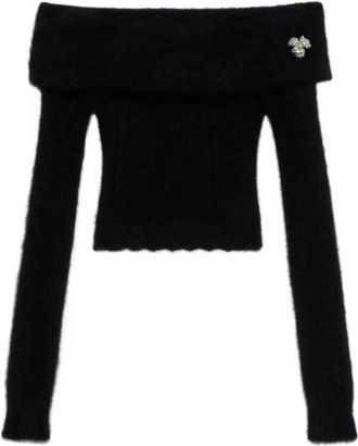 Blumarine Zwarte bloemen off-shoulder trui - Dames - Ronde hals truien - Zwart - M - Truien & Vesten